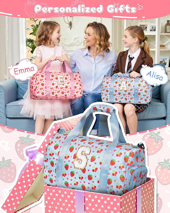 Personalized Gifts for Her, Kids Duffle Bag with Letter, Dance Bag with Makeup Toiletry Pouch, Shoe Compartment & Wet Separation, Preppy Trendy Stuff for Kindergarten Elementary Girls