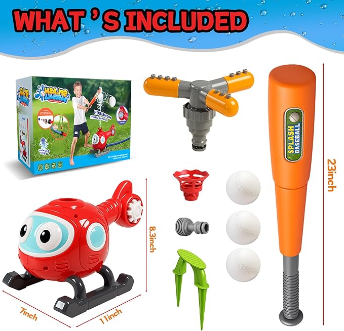 2 in 1 Water Sprinklers T Ball Set for Kids & Toddlers, Outdoor Baseball and Spray Play Toy, Backyard Summer Yard Games, Connects to Garden Hose, Fun Water Toys for Lawn, Pool or Party Activities