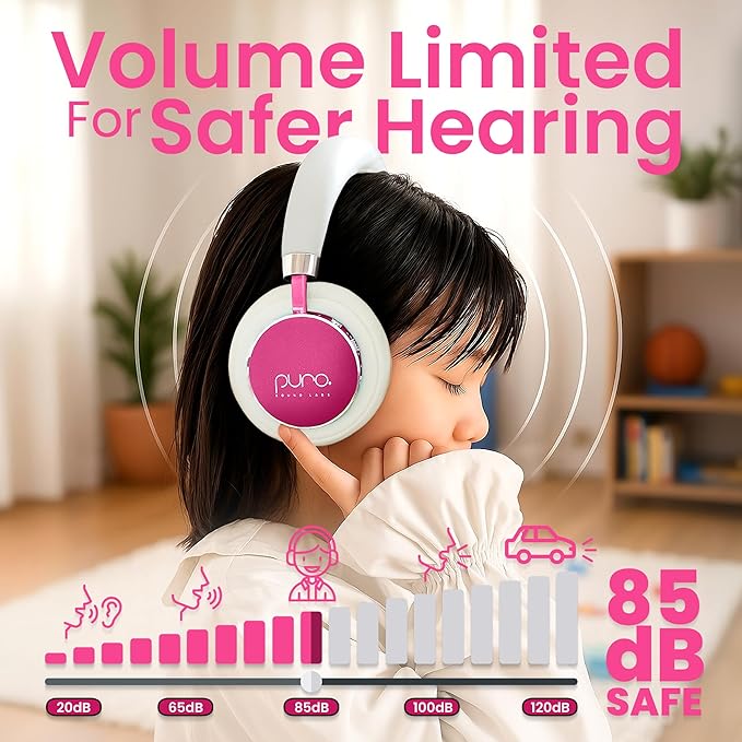 Puro Sound Labs Kids Wireless Headphones – Volume-Limiting 85dB, Built-In Mic, Studio-Grade Sound, 20-Hour Battery Life, Comfortable Fit & Easy to Connect Kids Bluetooth Headphones – BT2200 Plus, Pink