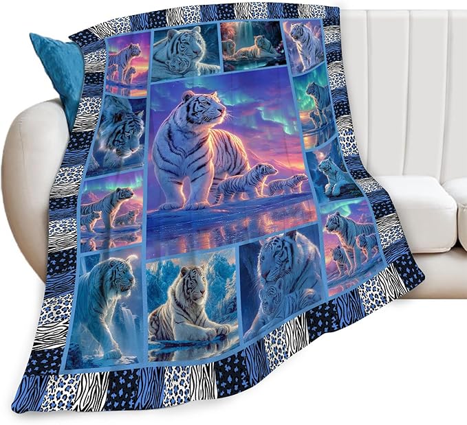 White Tiger Throw Blanket White Tiger Stuff Gifts for Kids Girls Boys Adults Women Men Soft Cozy Warm Plush Fluffy Fuzzy Fleece Blanket Decor 50''X60''