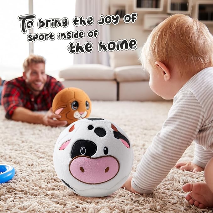 Silent Indoor Soccer Balls for Toddlers 1-3, Inflatable Soft Plush Baby Toddler Soccer Ball Toys Gifts for Kid 3-5 Year Old Boy Girl First Birthday Gift (Cow, Pump Include)
