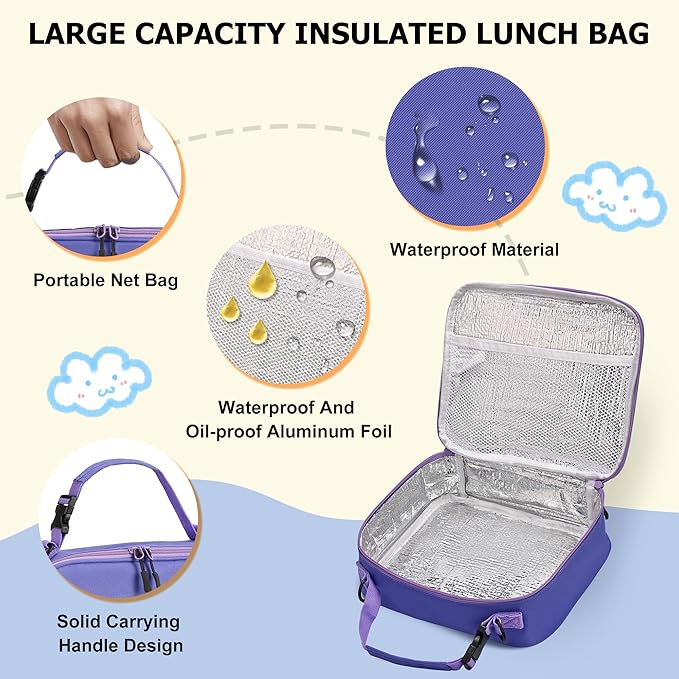 Bento Lunch Box for Kids with Thermos, Leakproof Bento Box with 8oz Insulated Food Jar, Insulated Bottle, Lunch Bag, BPA Free Dishwasher Safe 4 Compartment Container for School Girls Boys (Purple)