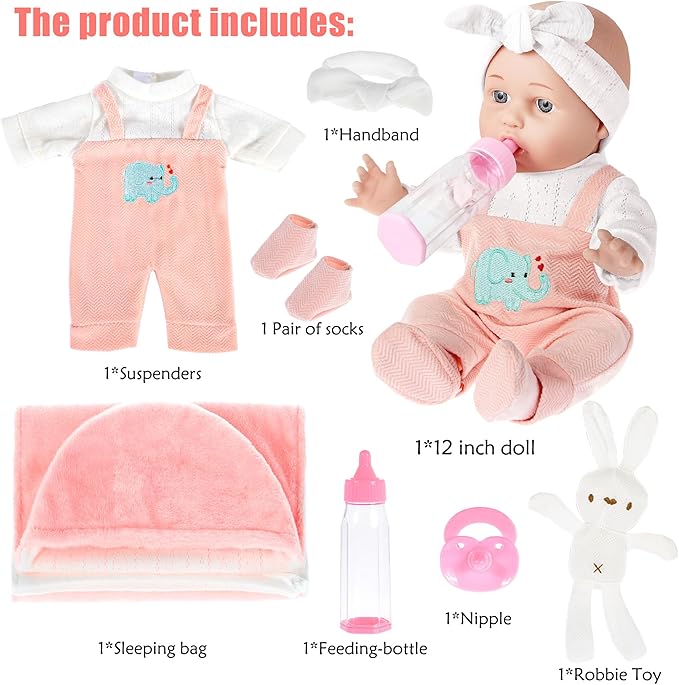 12 inch Baby Doll - Adorable Doll and Accessories Including Romper, Sleeping Bag, Feeding Accessories, Rabbit Plush Toy