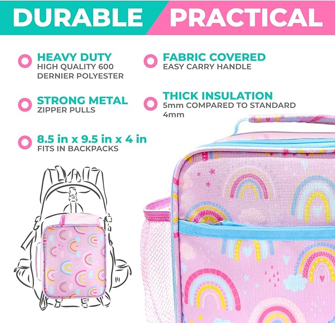 Bento Lunch Box with Insulated Bag, Water Bottle & Ice Pack Set for Kids Toddlers, 4 Portion Sections, Removable Tray, Pre-School Girl Kid Toddler Daycare Lunches, Snack Container, Purple Rainbow