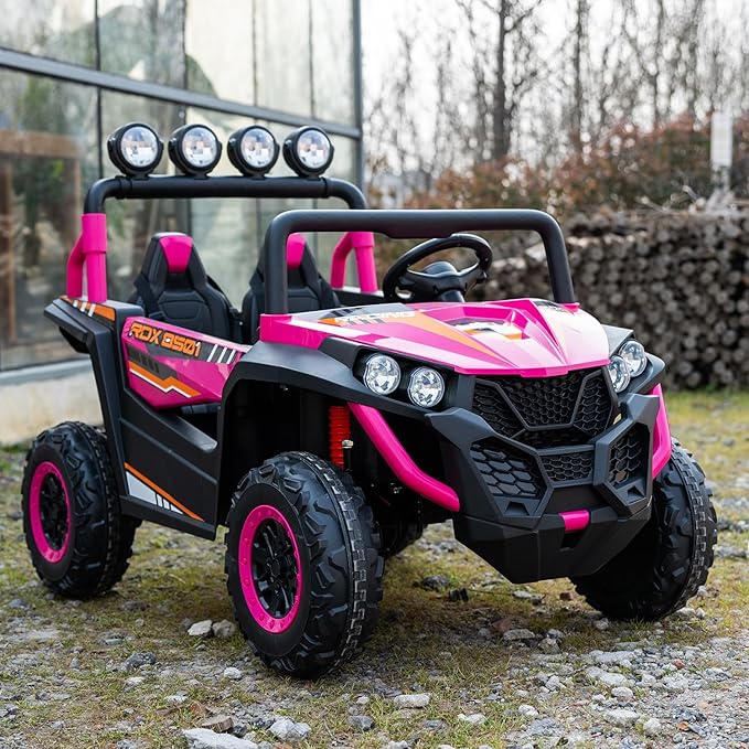 24V 2-Seater Kids Ride-On UTV, 4WD Electric Car with Parent Remote Control, 4x200W Motor, Spring Suspension, LED Headlights & Searchlights, Bluetooth Music, 3-Speed, New Edition, Magenta