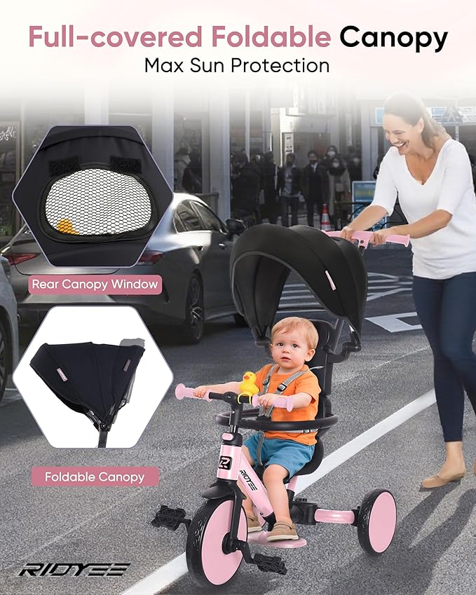 8-in-1 Tricycle for 1.5-5 Years, Tool-Free Switch, Toddler Tricycle with Parent Steering Control Handle for 1.5 to 5 Yrs, Toddler Trike 1.5-3 Years with 5-Point Harness and Large Canopy, Pink