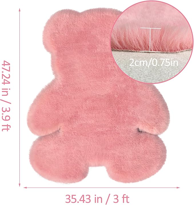 3x3.9ft Pink Small Bear Shaggy Rug, Soft Fluffy Faux Sheepskin Fur Rug Fuzzy Shag Area Rug Cute Plush Carpet for Nursery Kids Girls Bedroom Room Aesthetic Living Room Floor Home Decor, Pink