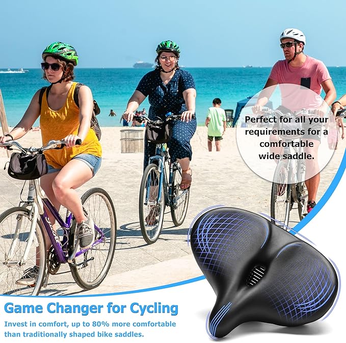 Oversized Bike Seat for Men & Women Comfort, Extra Wide Bicycle Seat Cushion, Comfortable Wing Padded, Large Replacement Saddle for Peloton, Stationary Exercise Bike, Ebike, Cruiser, City Bike