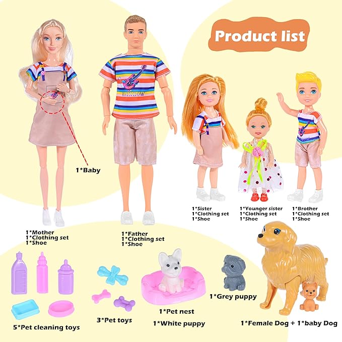 iBayda Family Dollhouse Dolls Playset - 6 People with Dollhouse Pets Included Pregnant Mom Dad 3 Kids and Accessories for 3-12 Years Old Toddlers Gift