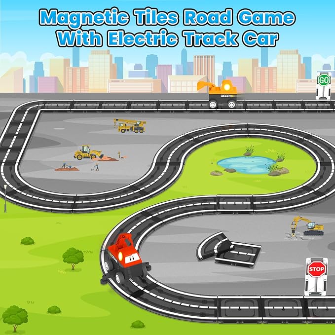 Magnetic Tiles Roads Engineering Vehicle Set, Magnetic Blocks Road Truck Car Toys for 3 4 5 6 Year Old Boys Girls, Cars Games Classroom Montessori Toys for Kids, Educational STEM Toy Birthday Gifts