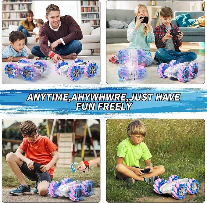 RC Gesture Sensing Stunt Car,2.4GHz 4WD Remote Control Car with Cool Light,Double Sided Rotating Off Road Vehicle 360 Degree Flips Cars for 6-12 Year Old Boys Girls Birthday Presents [Pink]