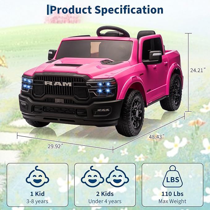 24V Ride on Car Licensed RAM 2500, 2 Seater Ride on Car for Kids w/Remote Control, Toddler Electric Car w/Truck Bed, 3 Speed, LED Lights, Bluetooth, Suspension, Gifts for Boys Girls, Pink