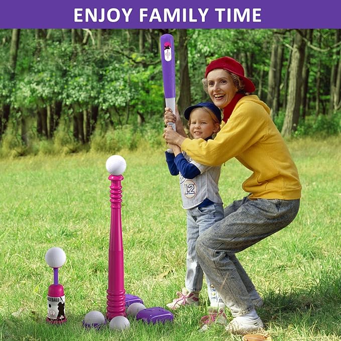 QDRAGON 2 in 1 T Ball Sets for Kids 3-5 5-8, Tee Ball Set with Automatic Pitching Machine/Adjustable Batting Bat & Stand/6 Balls, Baseball Toys Outdoor Sport for Toddlers Girls, Pink