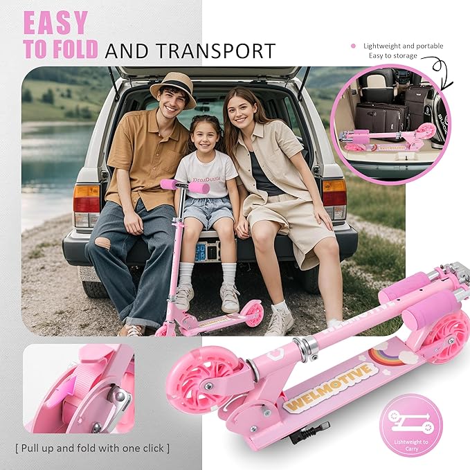 Kick Scooter for 3+Years Old Boys & Girls Lightweight, Foldable, Aluminum Frame, and Adjustable Handlebars, Rear Brake, and Flashing Light up Wheels