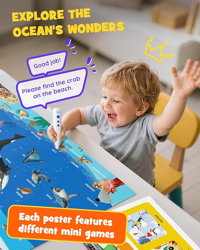 TEKFUN Learning Toys for 3 Year Old,Toddler Educational Posters with Talking Pen,ABC Learning Sight Word Games for Toddlers 2-4 Years,Learn to Read Toys with Sensory Stickers