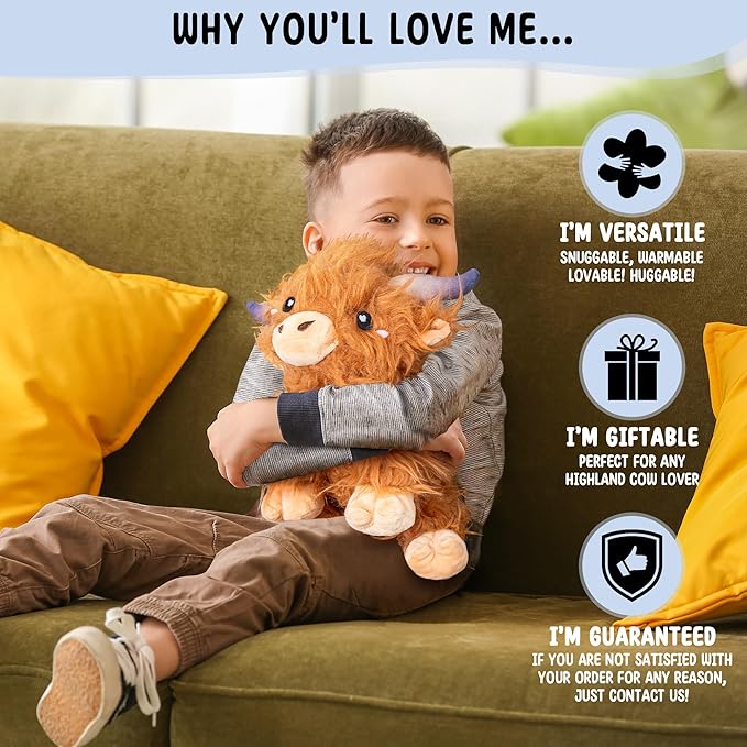 Happy Fuel Highland Cow Microwavable 1.5lbs Unscented Heating Pad for Women & Kids- Cute Soft Cozy Pillow Plush Heatable Warm Stuffed Animals- Kawaii Hot & Cold Plushie Toy- Cow Gifts for Girls & Boys