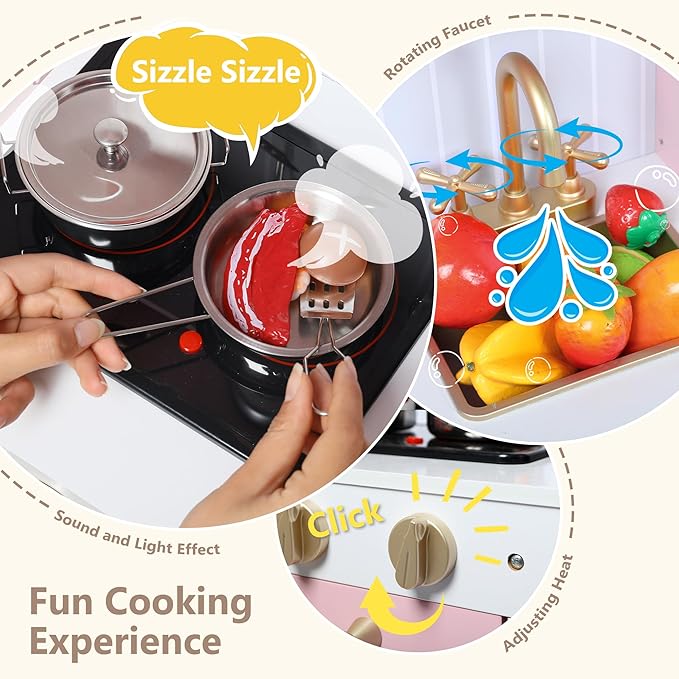 Kinder King Wooden Kids Play Kitchen, Kitchen Playset for Toddler Kid, Play Kitchen Toy Set w/Real Sounds, Pretend Microwave Oven, Ice Maker, Telephone, Gift for Boys Girls Age 3+,Black