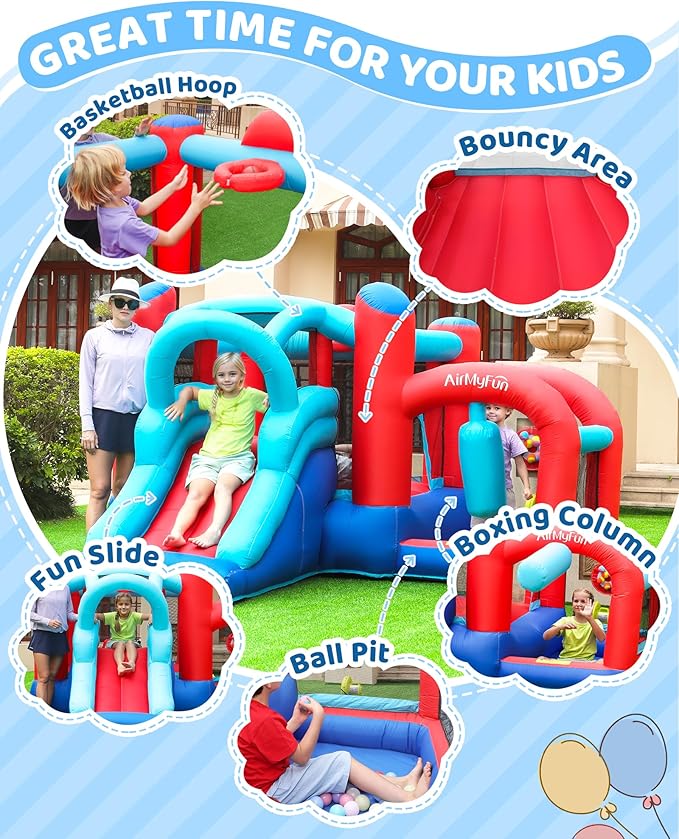 AirMyFun Inflatable Bounce House, Bouncy House with Slide,Indoor Outdoor Bounce House with Ball Pit,Basketball Hoop,Target Balls and Boxing,Inflatable Bouncer for Party