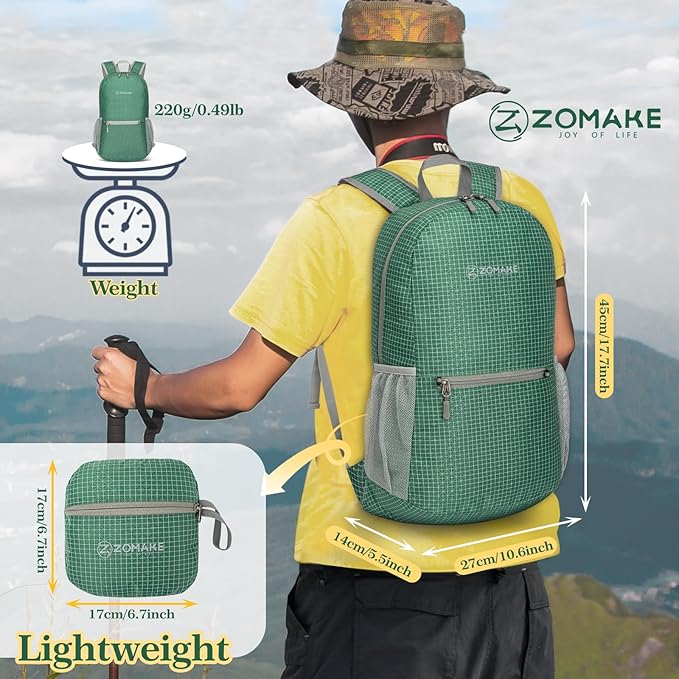 ZOMAKE Ultra Lightweight Hiking Backpack 20L - Packable Small Backpacks Water Resistant Daypack for Women Men(Forest Green Plaid)