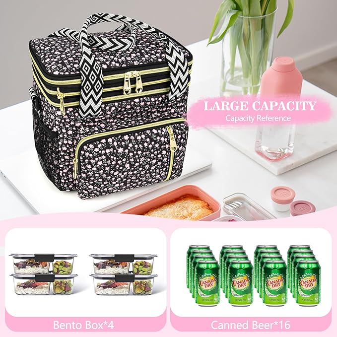 LOKASS Lunch Box for Women-16L-Insulated Lunch Bag Women, Expandable Double-layer Leakproof Cooler Bag with Upgrade Adjustable Shoulder Strap Ideal for Work/Travel/Picnics（Black Flower）