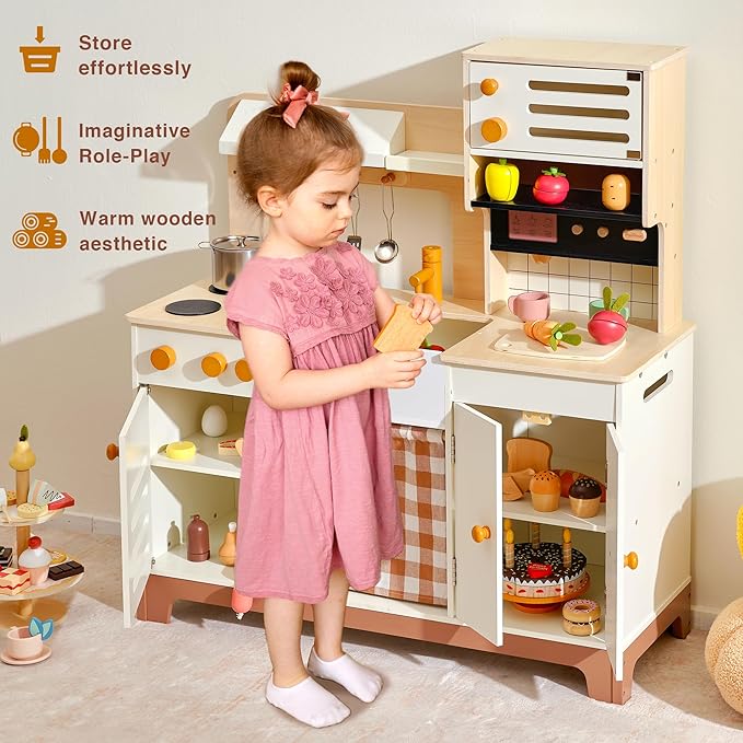 PairPear Wooden Play Kitchen for Kids, XL Large Toy Kitchen Playset with Coffee Maker, Fridge & Large Storage System, Pretend Toy Food Cooking Set Play Kitchen Accessory for Kids Ages 3+