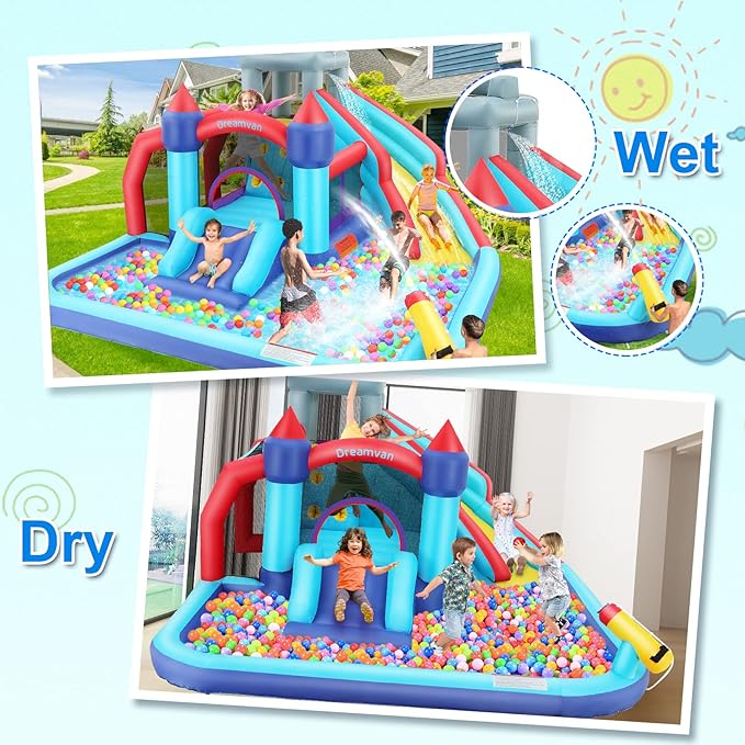 Inflatable Water Slide, 10 in 1 Bounce House Water Park with 580W Blower Climbing Wall, Splash Pool, Cannon, Jump Area, Basketball Hoop, Ball Gate, Water Slides Kids Bouncy Castle for Backyard Fun