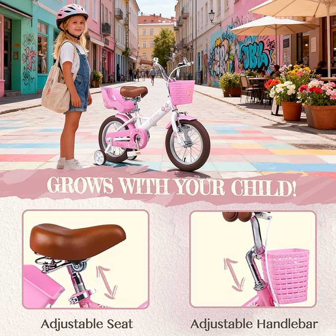 Glerc Sasha Girls Bike, 12-20 Inch Kids Bike for Children Ages 2-13 Years, Kids Bicycle with Doll-Seat & Basket & Training Wheels, Multiple Colors