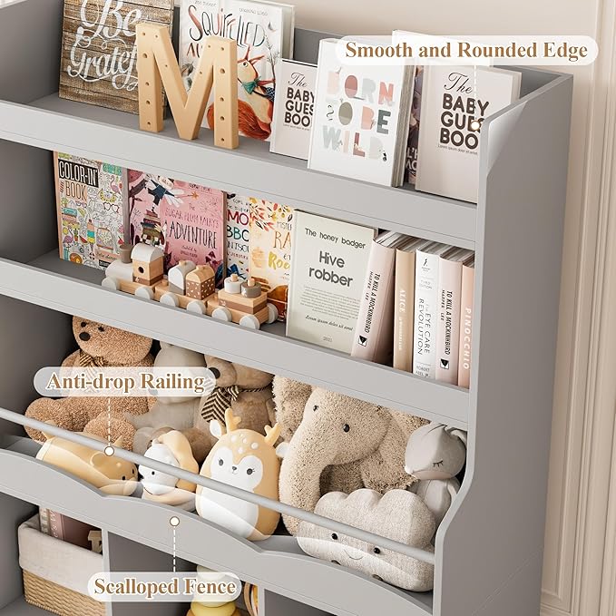 HITHOS 55.3" H Kids Bookshelf with Toy Storage Organizer, Tall Book Shelf with 3 Movable Toy Storage Bins, Large Kids Bookcase with Toy Chest, 39.2" W Modern Toys Box for Kid Room, Playroom, Gray