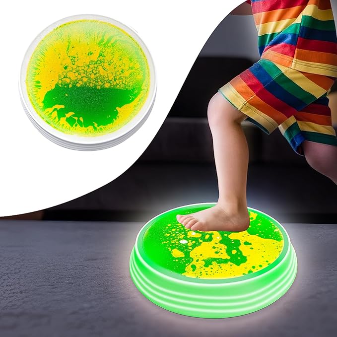 Light Up Liquid Stepping Stones - 1 Round Yellow Green Liquid Stepping Stone with 7 Glowing Colors, Indoor Obstacle Training Balancing Stepping Stone Toy for Kids Ages 3 4 5 6 and Up.