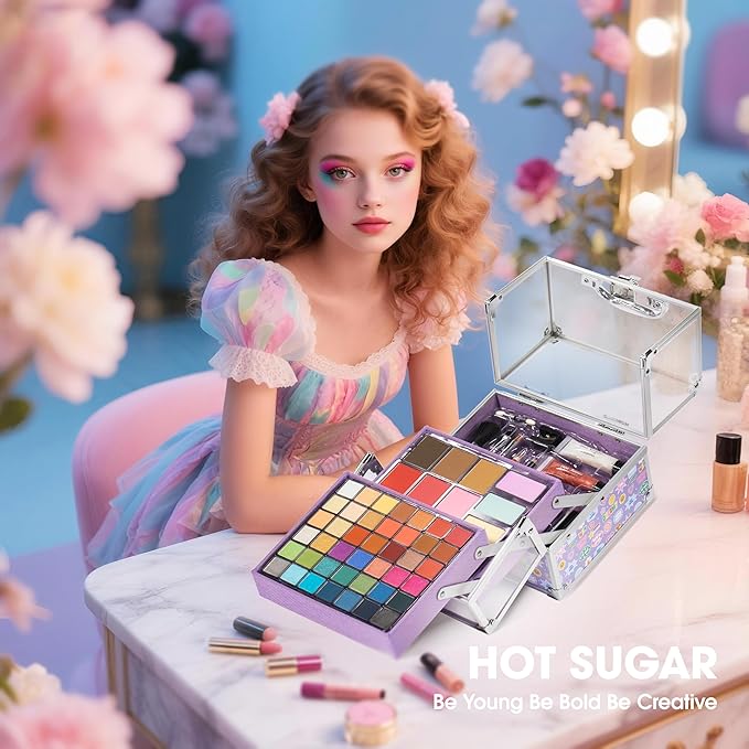 Hot Sugar Make Up Kit for Girls 10-12, Girls Makeup Sets Ages 8-12, Beauty Box for Birthday Parties Makeovers & Christmas (Sticker)