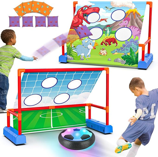 2-in-1 Moving Kick Toss Games for Kids Ages 4-12, Light Up Hover Soccer Ball with Animal Bean Bag Toss, Indoor Outdoor Birthday Toys for 4 5 6 7 8 9 10 11 12 Year Old Boys Girls