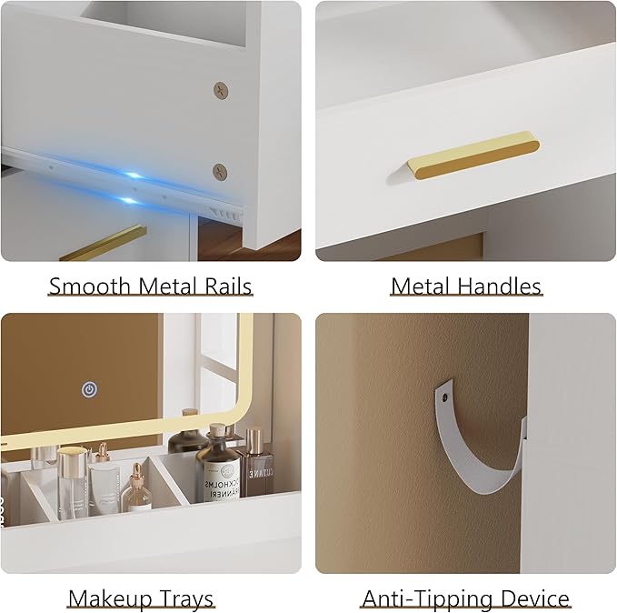 43'' Makeup Vanity with Mirror and Lights, White Vanity Desk with 7 Drawers & Charging Station, 3 Lighting Modes & Adjustable Brightness, Cushioned Stool, Dressing Table for Girls, Women, Teens