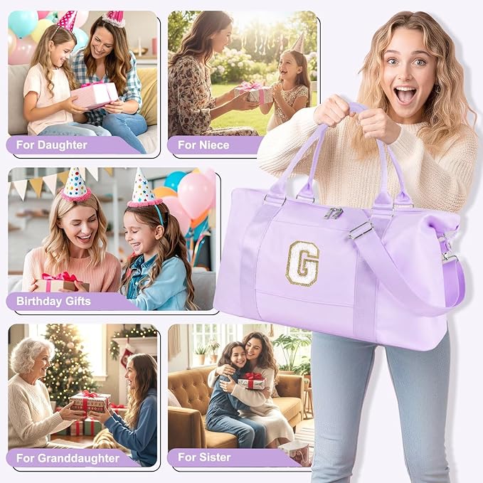 Dance Gym Duffel Bag for Teen Girls, Personalized Initial Travel Weekender Bag,Cute Overnight Carry On Duffle for Women,Sports Travel Cheer Bag,Monogram Christmas Gifts for Tween Preppy(purple-G)