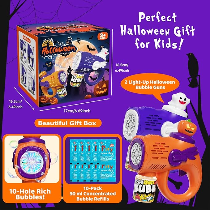 Halloween Bubble Gun Toys for Kids - 2 Light-Up Ghost & Pumpkin Bubble Machine with 10 Refill Packs - Fun Party Favors Trick or Treat Toy Boo Basket Stuffers for Kids Boys Girls