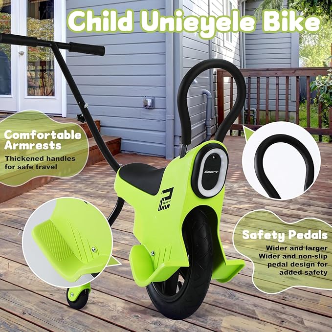 12in Hand Push Unicycle for Kids, Light Unicycle Bikes with Light/Handrails/Auxiliary Wheels, Parent-Child Unicycle Bike, Unicycle Balance Bikes, Kids Unicycle Bicycles (Green)