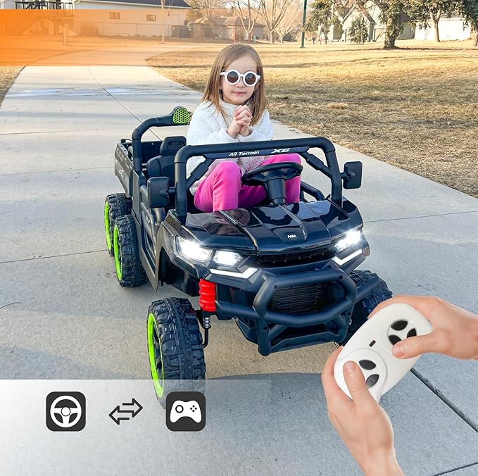 24V UTV 2 Seater Dump Truck with Remote Control, Electric Dump Bed, 4WD Power Ride on Truck Cars 6x6 Wheels, Music, Storage Trunk, Shovel for Kids-Black