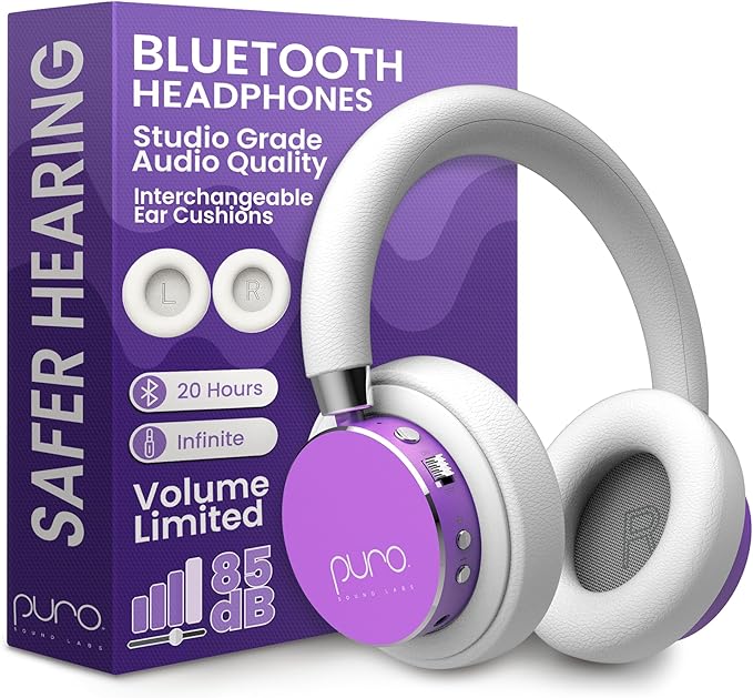 Puro Sound Labs Kids Wireless Headphones – Volume-Limiting 85dB, Built-in Mic, Studio-Grade Sound, 20-Hour Battery Life, Comfortable & Easy to Connect Kids Bluetooth Headphones – BT2200 Plus, Purple