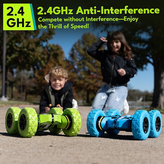 Threeking Remote Control Car RC Cars Toys for Boys Girls Ages 6-12, Upgraded USB-C Modular Batteries, 4WD Stunt Car with Breathing Soft Lights, Double-Sided Driving & 360° Flips, Presents Gifts, Blue