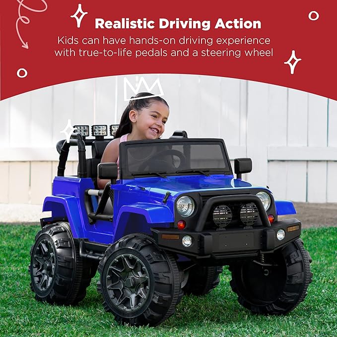 Best Choice Products Kids 12V Ride On Truck, Battery Powered Toy Car w/Spring Suspension, Remote Control, 3 Speeds, LED Lights, Bluetooth - Blue