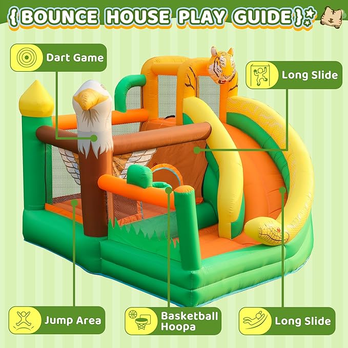 Bounce House with Slide for Kids, Inflatable Bouncy Castle with Blower, Basketball Hoop and Toss Game for Parties