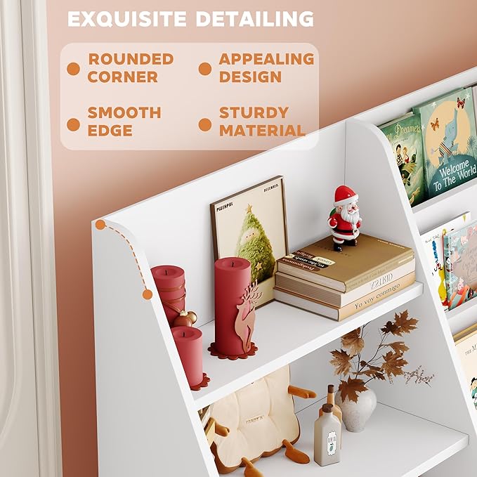 6 Tier Kids Bookshelf and Toy Storage Organizer, Child-Friendly Height & Stable Triangle Design, Toddler Book Shelf for Kids Room, Playroom, Bedroom, Classroom, Nursery, School, White