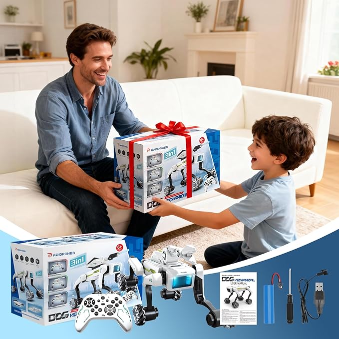 3 in 1 Robot Dog with Wheels Kit, 30+ Bionic Actions, Voice & Remote Control, Programmable Moves, Rechargeable Battery, All-Terrain Stunt Pet Toy for Kids(Removable Claw & Cannon)