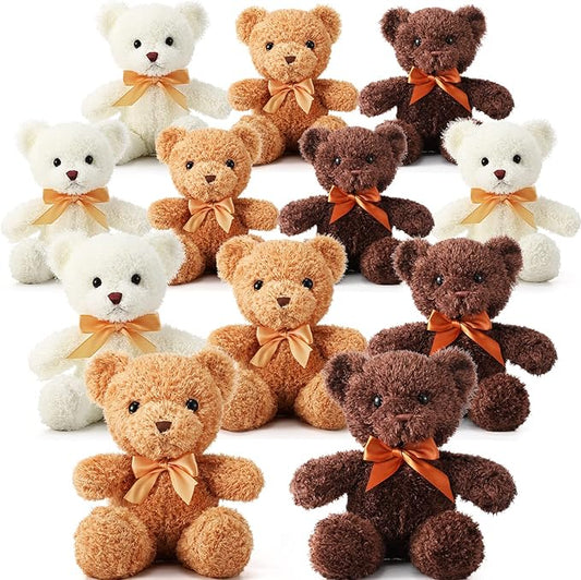 HyDren 12 Pack 12 Inch Stuffed Bear Animal Cute Bulk Plush Toys with Ribbon Bow Ties Soft Bears for Baby Shower Birthday Party Favors(Light Brown, Dark Brown, White)