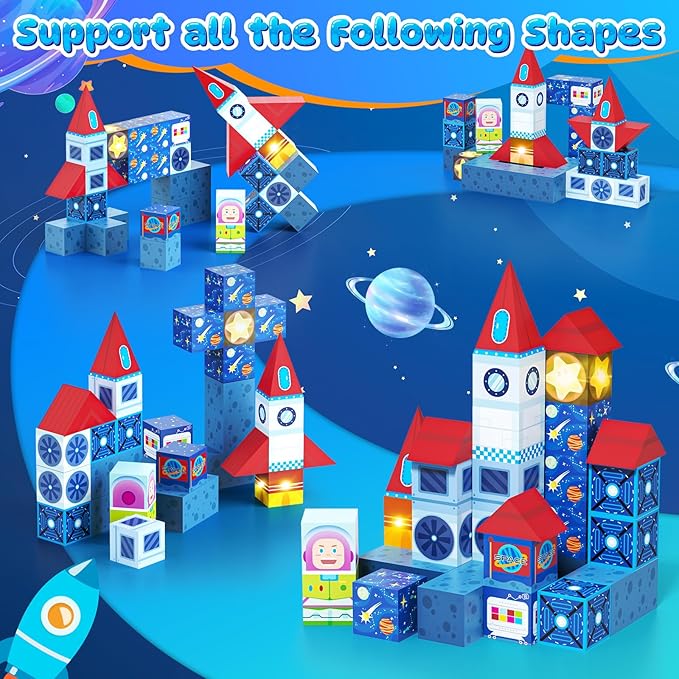 36 PCS Mini Magnetic Tiles Travel Set with Portable Iron Storage Box, STEM Learning Magnetic Building Blocks with LED Light-Up Glow in The Dark, Montessori Sensory Toys Gifts for Toddler, Boys & Girls