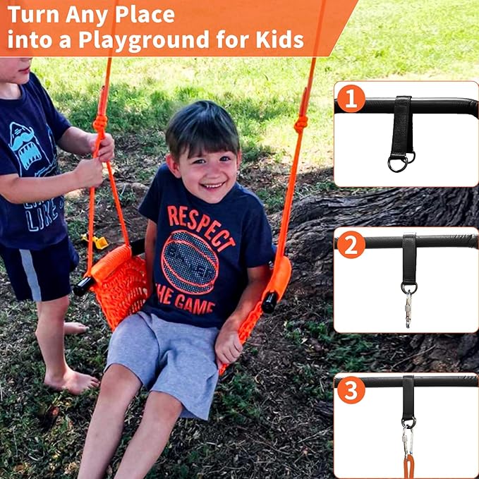 Hi-Na Kids Swing for Swing Set, Heavy Duty Rope Swings with Snap Hooks and Straps, 440LBS Capacity, Toddler Swing Seat for Indoor Porch, Outdoor Playground, Tree, Orange
