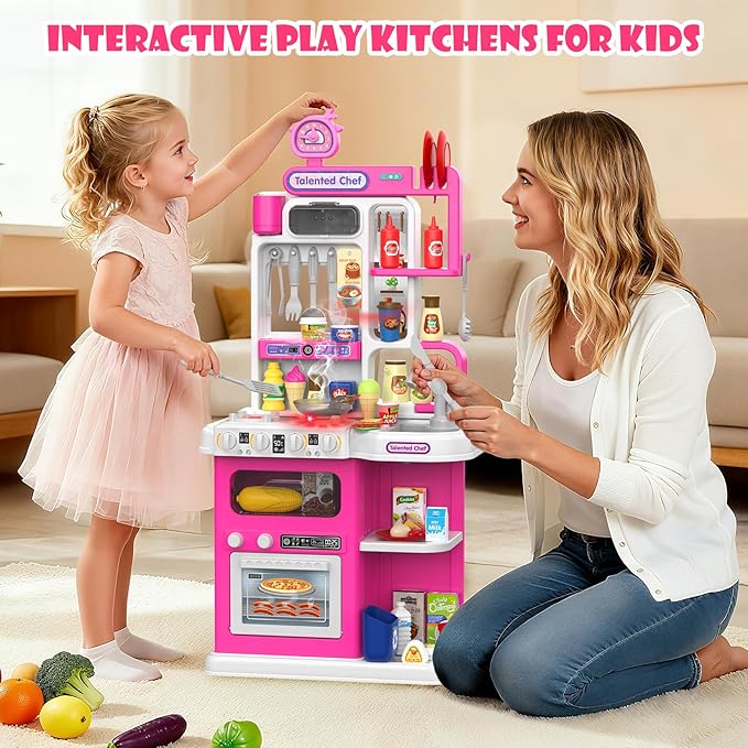 Kids Kitchen Playset, 36.22'' Play Kitchen for Toddlers 1-3 with Steam, Sound & Light, Cooking Stove, Play Sink, Oven and Toy Kitchen Accessories, Kitchen Set for Toddlers Girls 3 4 5 (Pink)