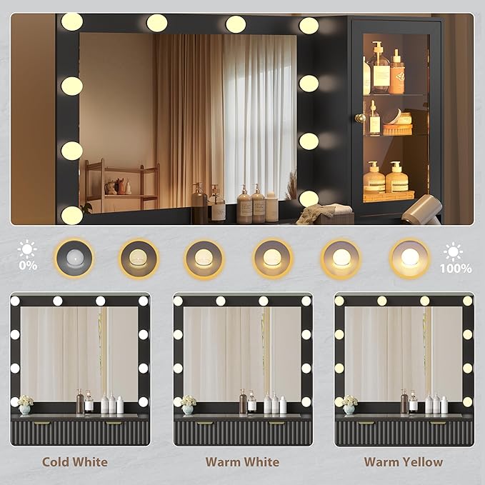 Makeup Vanity Desk with Mirror and Lights, 45" Fluted Wood Vanity Desk with Glass Top, 5 Drawers & RGB Glass Cabinet, Power Outlet, Mid Century Modern Dressing Table Set for Women Girls Bedroom