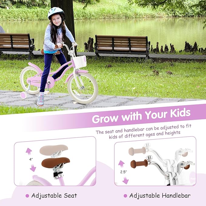 HONEY JOY Kids Bike, 12 14 16 18 20 Inch Toddler Bikes w/Training Wheels, Handbrake & Coaster Brake, Fully Enclosed Chain, Adjustable Handlebar & Seat, Kids Bicycle w/Basket, Girls Boys Bike 3-8