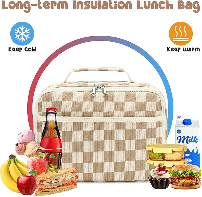 Kids Girls Lunch Bag Insulated Lunch Box for school Corduroy Lunch Cooler Organizer School Kids Lunch Tote (Corduroy checkered brown)