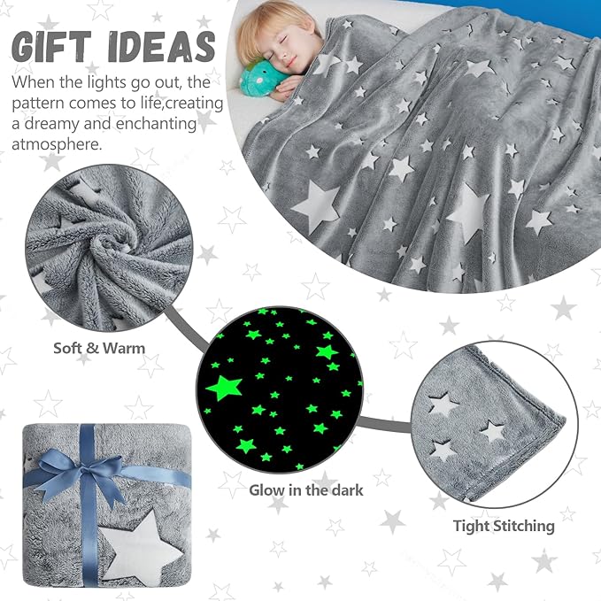 Glow in The Dark Star Blanket,Star Gifts Toys for Boys Girls, Birthday Presents Decor for Kids Age 3-14 Year Old Son Teen Child Toddler Luminous Christmas Bedroom Throw Blanket 50"x60"